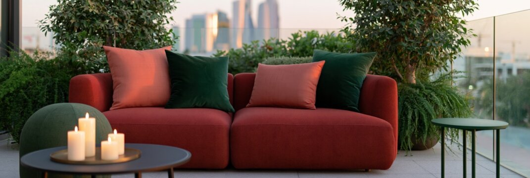 Outdoor terrace lounge with plush sofa pillows and lit candles at sunset for cozy patio background and rooftop relaxation design
