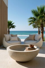 Obraz premium Modern coastal patio seating with round stone bowl and ocean view for seaside background and outdoor lounge design