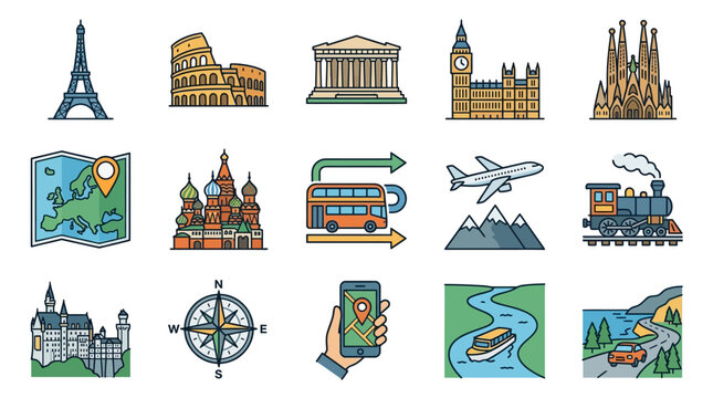 Collection of travel and tourism icons.
