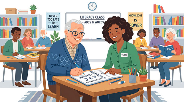 Adult literacy teacher helping senior man learn to read in classroom