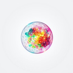 Fototapeta premium Bright sphere contains colorful network. Glowing particles connect within translucent geometric structure. Abstract digital illustration.