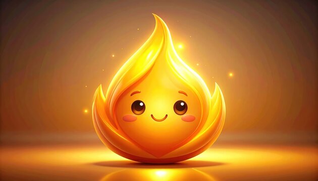 Cute, animated flame character with a smiling face and radiating light