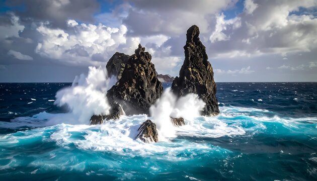 Ocean waves crash against rugged rocks under a cloudy sky