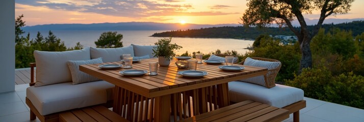 Obraz premium Sunset seaside outdoor dining terrace with wooden table and cushions for luxury resort background and banner design
