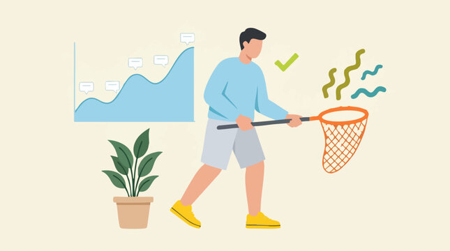 Conceptual illustration of a man collecting data and analyzing growth