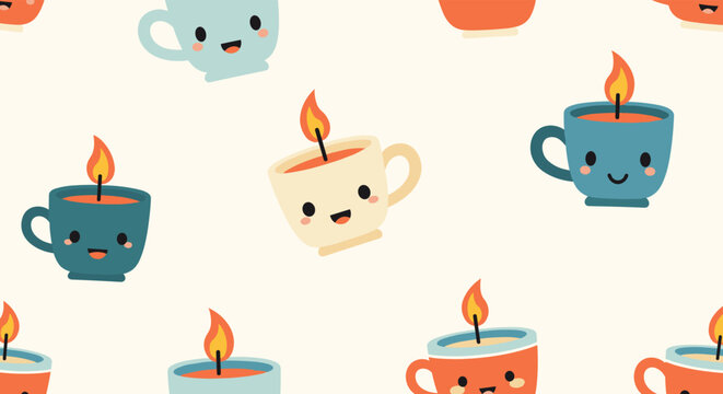 Whimsical pattern of colorful mugs with cute smiling faces and lit candles inside representing warmth comfort and creative lighting.