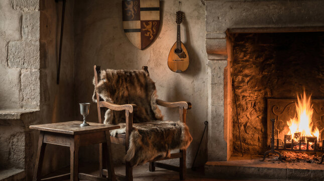 Medieval interior with rustic wooden chair covered in fur, warm fireplace, mandolin and shield on stone wall, cozy historic cottage.