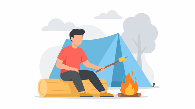 Man roasting marshmallow over campfire at campsite, vector illustration