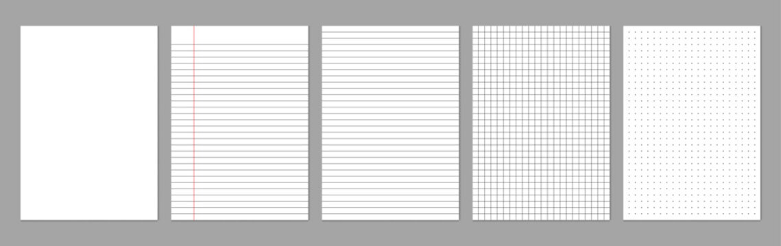 Clean white notebook paper collection with ruled, graph, dotted, and blank layouts in black lines. Perfect for planners, worksheets, note templates, educational resources, and stationery designs.