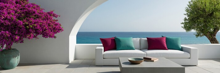 Fototapeta premium Coastal archway terrace with white sofa, teal and magenta cushions and bougainvillea pot overlooking turquoise sea for interior design background and summer poster