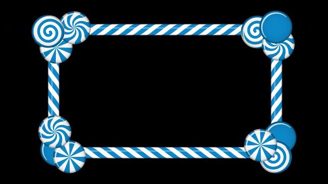 Candy cane frame with blue and white striped animation. Border with striped candy lollipop pattern. Winter ornament decoration. Winter holidays theme. Transparent background with alpha channel