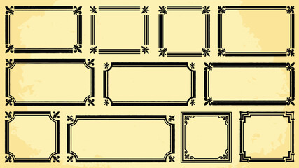 Vintage ornamental frame set vector black decorative border templates with fleur de lis corner flourish for certificate diploma menu label retro classic beige background © Ahmed