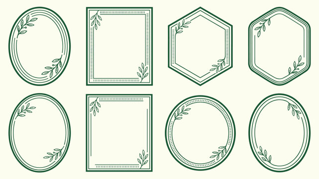 Botanical frame set vector green outline oval hexagon circle square borders with leaf sprig corner for organic logo wedding invitation label natural minimal elegant design