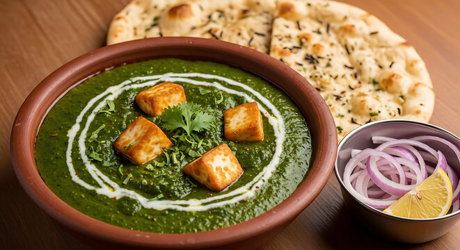 Palak paneer in a ceramic bowl is served with warm naan bread and sliced onions for a rich meal.