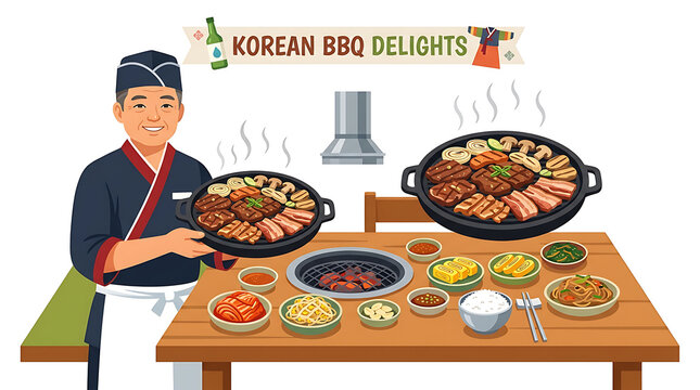 Korean chef presenting traditional barbecue meal at restaurant table
