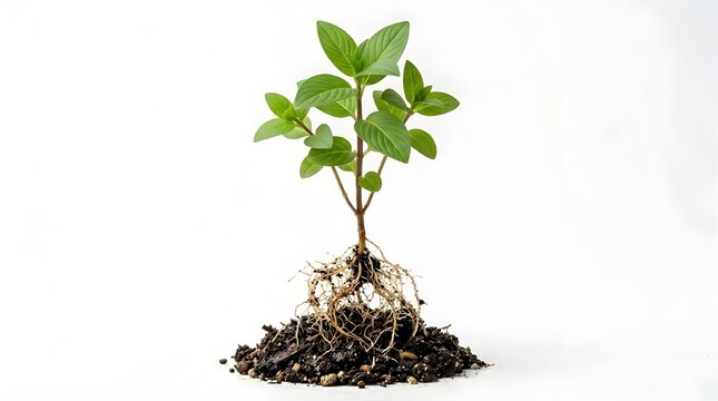 Young green plant with visible roots and soil, small seedling growing in dirt, botanical sapling isolated on white background for gardening and ecology