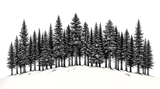 Vintage pine forest illustration on white background, hand drawn evergreen trees in black ink, rustic coniferous woodland landscape sketch