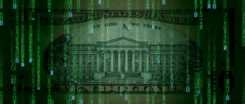 Electronic Currency Concept with Ten Dollar Bill made up of Code. Blockchain Banking Background.