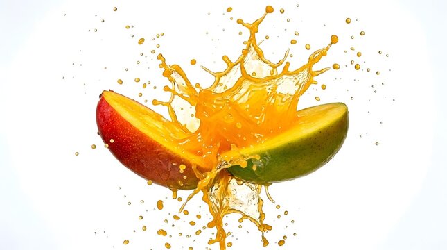 Fresh mango fruit splash with juice droplets, ripe mango halves exploding in liquid spray, vibrant tropical fruit juice burst on white background