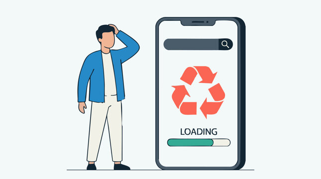 Man looking perplexed at smartphone displaying recycling loading screen