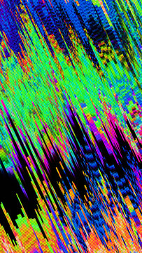 Diagonal green and orange pixel sorting glitch with dense dithered texture and scanline distortion on dark background. Suits a trippy DJ campaign and EDM music video workflow