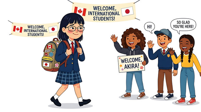 Students welcoming international exchange student at school entrance