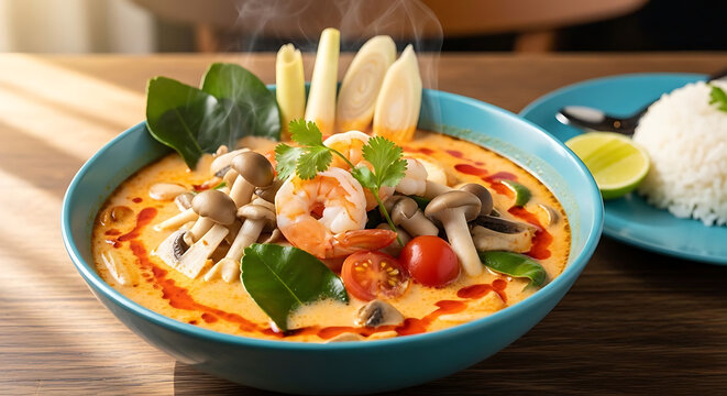 Tom Yum soup with shrimp and mushrooms is served in a blue bowl alongside a portion of white rice.