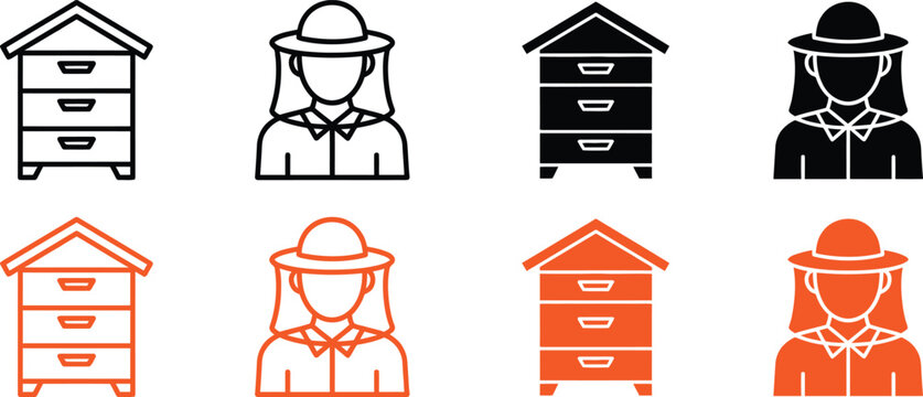 Minimalist beekeeper and beehive vector icon set