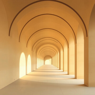 minimalist vaulted colonnade sequence of parabolic arches monochromatic warm beige plaster soft diffused sunlight architectural purity serene composition