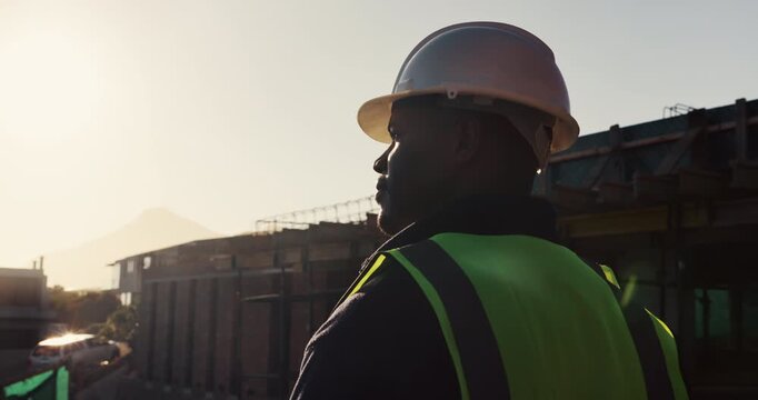 Architect, thinking and black man with helmet on construction site for building safety or security. Male person, contractor or civil engineer with hard hat for architecture, infrastructure or project