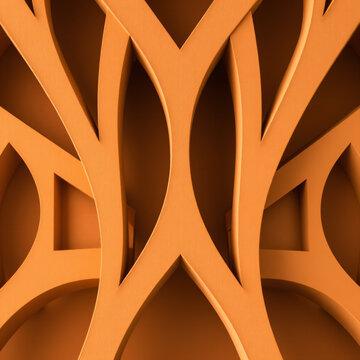 architectural deconstruction macro view repeating geometric arch edges intersecting alternating tones warm ochre pale clay sharp precise focus form line flat composition