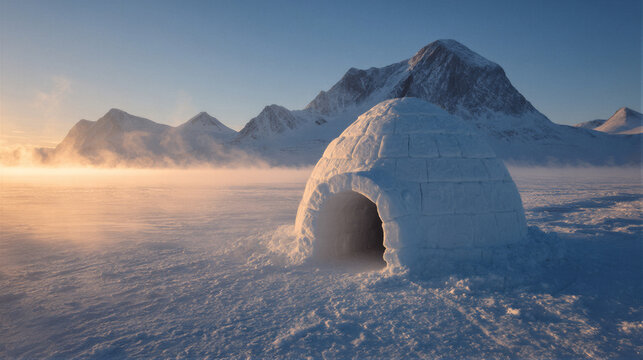 Inuit igloo on pristine arctic snow under golden sunrise, cinematic landscape with mountains, volumetric light, and copy space for winter travel posters, outdoor branding, and eco website banners.