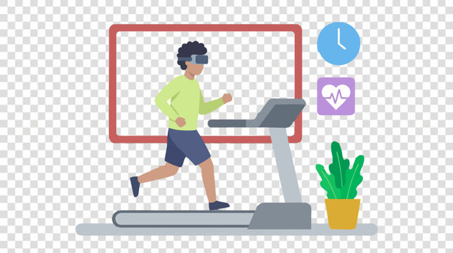 Man exercising on treadmill with VR headset, monitoring fitness data