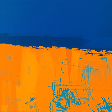 deep indigo blue warm ochre orange raw canvas texture heavy palette knife scraping rothko style abstract color field painting horizontal split composition