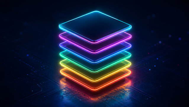 Futuristic glowing neon computer processor square chip stack, multi color vibrant light line layers, digital hardware technology network computing, generative artificial intelligence data concept