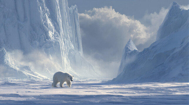 Solitary polar bear on arctic ice beneath pale glaciers. Cinematic light reveals realistic fur. Wide frame leaves copy space for eco-posters, conservation logos, and outdoor banners. 16:9 nature shot.