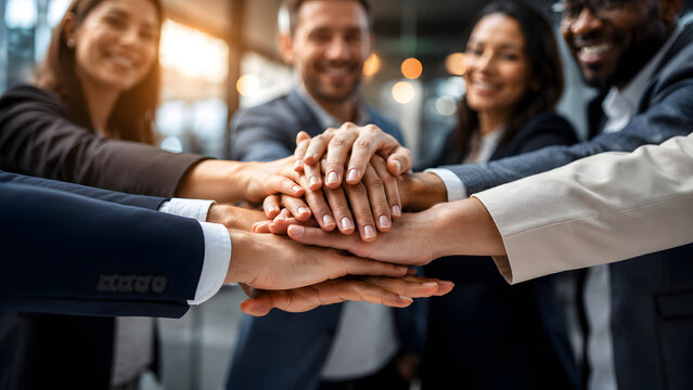 Diverse business team putting hands together in circle stack closeup, multiethnic colleagues celebrating success, corporate teamwork, unity, support and partnership concept in modern office