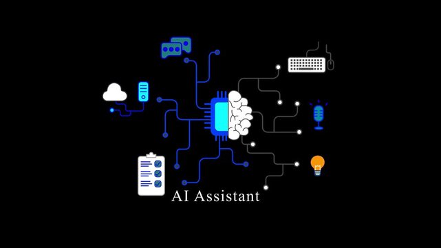 AI assistant concept icon with brain and microchip processor connecting network circuit lines with smart technology system devices data machine learning software professional motion, black background.