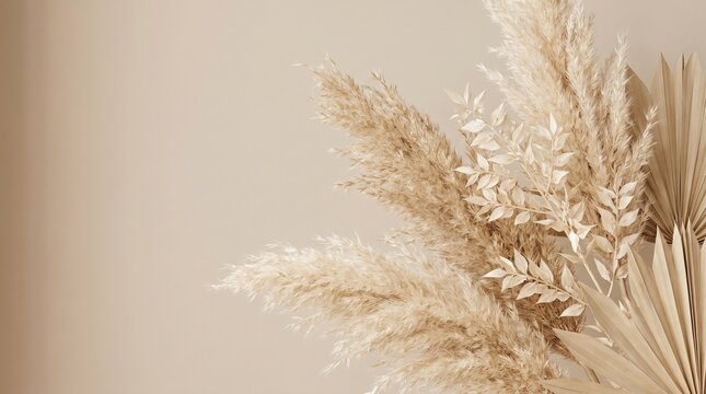 Boho dried pampas grass and palm leaf arrangement on beige background, neutral botanical with wide left copy space