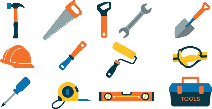 Set of construction and repair tools with hard hat and toolbox in flat vector style isolated icons