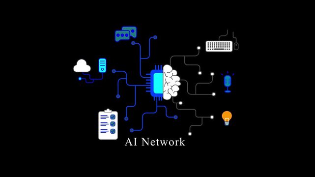 AI network concept icon with human brain and microchip processor connecting circuit lines with smart technology devices professional motion graphic isolated on black background.