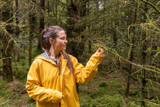 Young woman exploring mossy forest with yellow raincoat