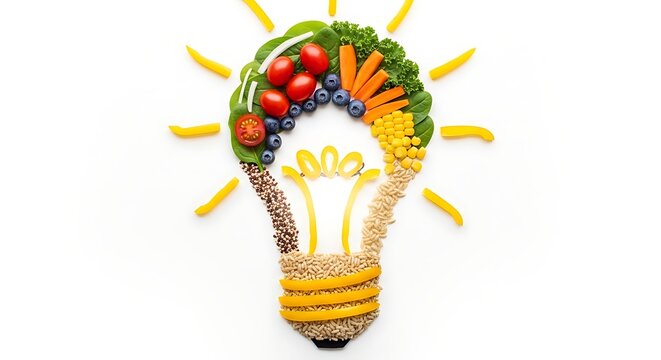 Creative healthy food idea light bulb made of fruits and vegetables for nutrition concept