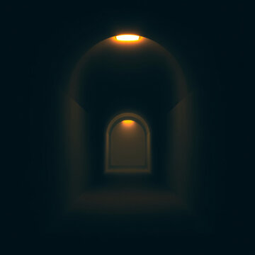 minimalist brutalist corridor repeating parabolic arches fading into a dark misty background single overhead warm light source creating an isolated pathway glow mysterious atmosphere