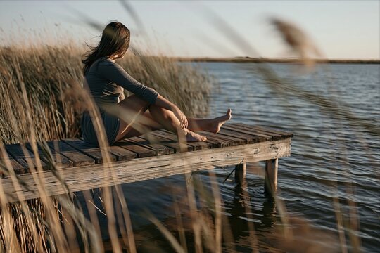 Woman sits barefoot on a wooden dock by a lake