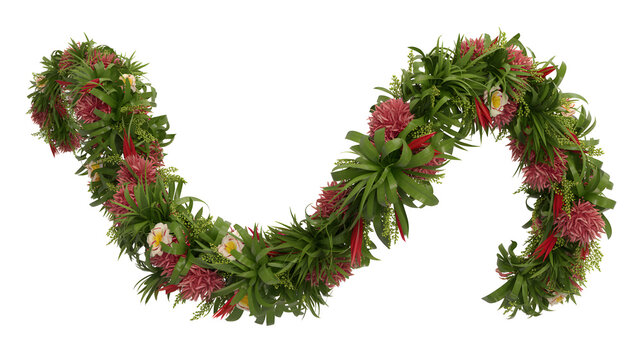 Hawaiian lei garland with green leaves and pink flowers tropical decoration for luau party and summer celebration isolated on white background.