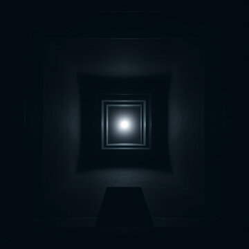 tunnel perspective nested geometric concrete blocks shrinking infinitely dark grey single blinding light center hypnotic symmetry