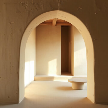 modern wabi-sabi architecture irregular hand-molded plaster archway raw clay and coarse limewash texture soft diffused natural morning light neutral earth tones minimalist serene interior design