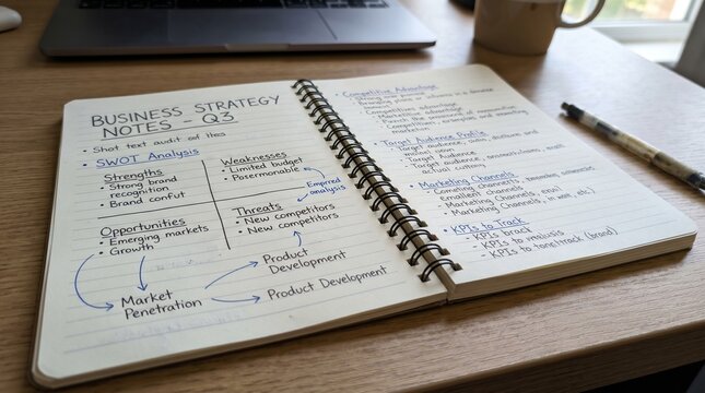 Notebook with business strategy notes 202606112338