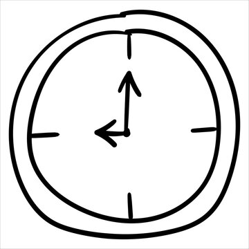Hand drawn clock face shows 9 nine o'clock, perfect for time concepts.
